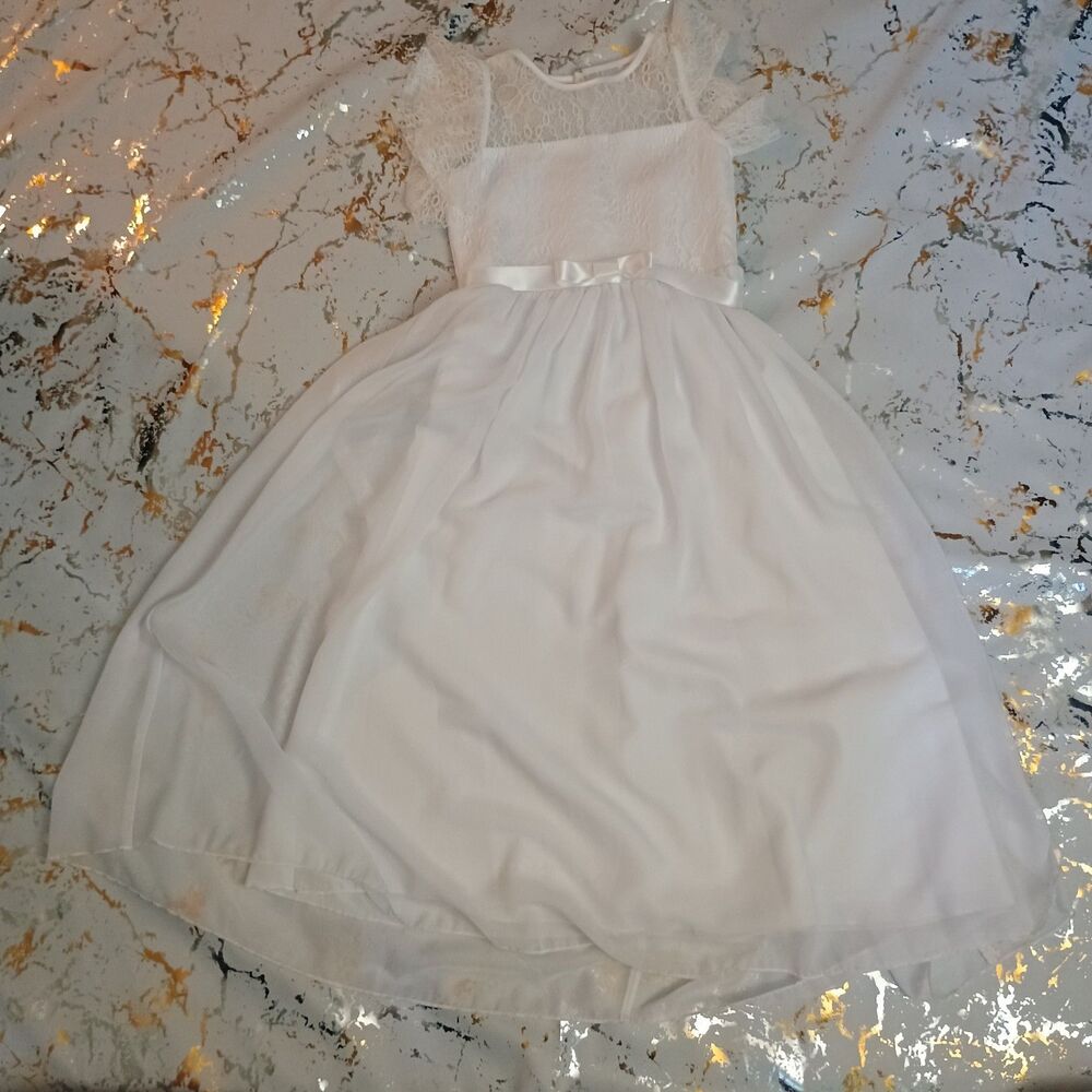 White Flower Girl Polyester Dress size age 6-7Y Zipper back